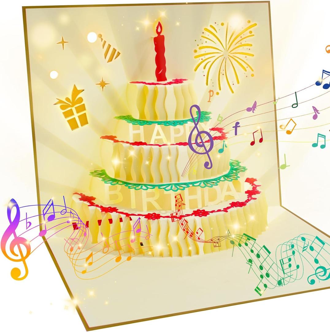 2 x CANREVEL 3D Pop Up Birthday Cards,Warming LED Light Birthday Cake Music Happy Birthday Card Postcards Greeting Cards for Mom,Wife,Sister,Boy,Girl,Friends - Gold