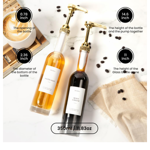 Molimoli Coffee Syrup Dispenser for Coffee Bar, 350mlCoffee Pump Dispenser, Glass Syrup Bottle w. Pumps, Simple Syrup Dispenser w. Labels,Set of 2, (Gold)