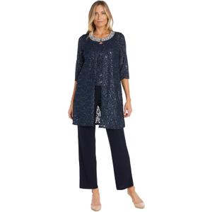 R&M Richards Women's Elegant 3-Piece Pant Set W/ ¾ Sleeves Scalloped Edge Sequin Lace Jacket & Matching Tank