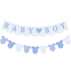 Blue Gingham Baby Banner Boy Plaid Welcome Baby Shower Sign Decoration Clothesline Onesie Garlands Gender Reveal Party Supplies