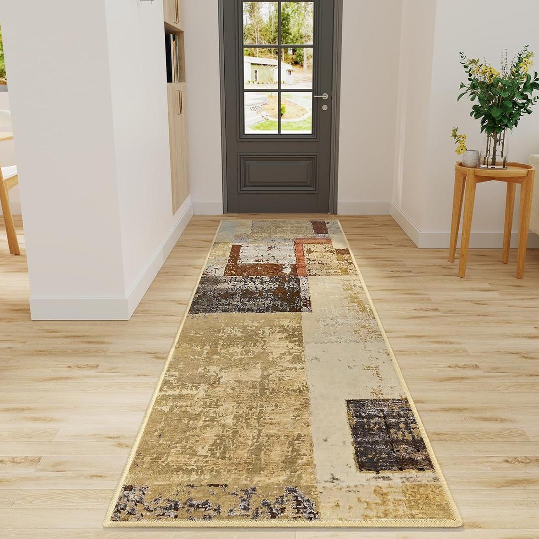 LOCHAS Washable Runner Rugs for Hallway, 2x6 Non-Slip Soft Rug for Bedroom Entryway Kitchen Laundry Room, Long Abstract Carpet for Indoor Floor Bedside, Geometric Vintage Home Decor, Pet & Kid Friendly (Khaki)