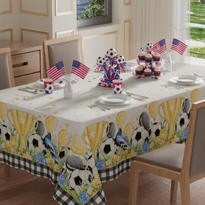 XCHI Plaid Soccer Flowers Trophy Balloons World Cup Tablecloth Rectangle Table Cloth Table Covers for Indoor Dining Game Day Soccer Party Home Decorations 60x84 Inch