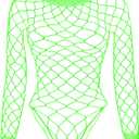 Fishnet Bodysuit Top for Women Stretch One Piece Long Sleeve Mesh Rave Romper Body Suit (Fluorescent Green)