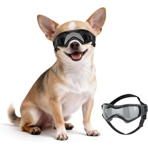 Billionchains Dog Sunglasses for Extra Small Breed UV Protection Windproof XS Dog Goggles with Adjustable Head & Chin Straps for Ride Car/ Hiking Travel/ On Beach-Black