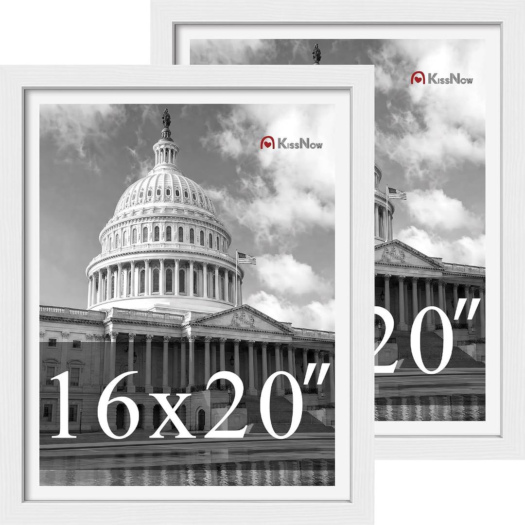 16x20 Picture Frame, White Solid Wood, 2 Pack, Wall Hanging for Art