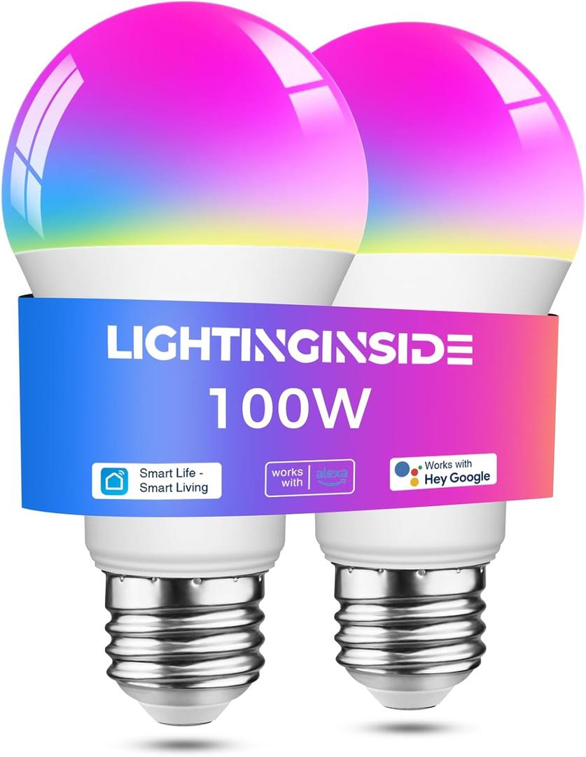 Lightinginside Smart Light Bulbs 100W Equivalent, Works with Alexa/Google Home/SmartLife, 1350LM 11W RGBCW Color Changing LED Light Bulbs, 2.4G WiFi Bluetooth Bulb, No Hub Required, ETL Listed, 2PCS