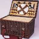 Elegantly Designed, and Carefully Hand Crafted Wicker Picnic Baskets. This Set for 4 Features: Dark Coffee Color Basket with Elegant Cream & Text Design with Cooler snap to Keep Open During use.