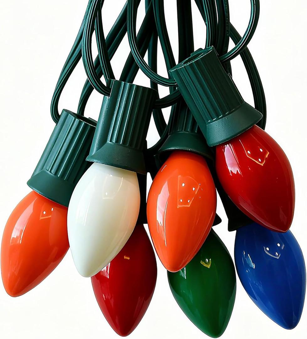 C7 Vintage Christmas String Lights with 27 Multicolor Ceramic Bulbs, 25FT Hanging Outdoor & Indoor String Lights for Christmas Tree Patio Roofline Decoration (Green Wire)