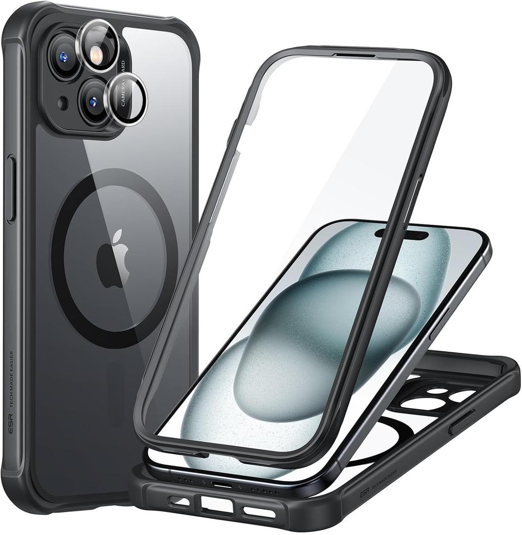 ESR for iPhone 15 Case, Compatible with MagSafe, Full-Body Military-Grade Drop Proof Case with Built-in 9H+ Tempered Glass Screen Protector, Armor Series, Clear Black