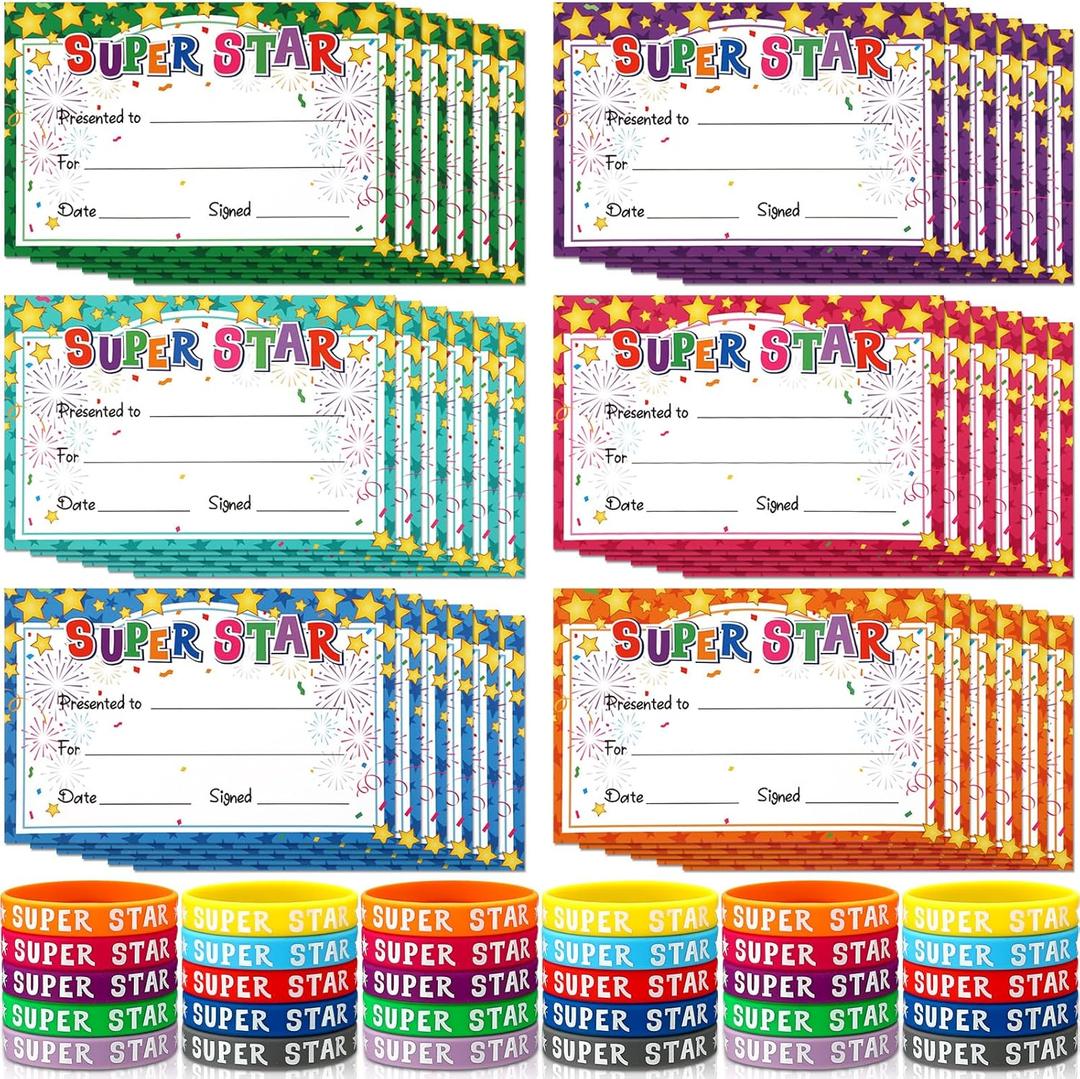 Eaasty 60 Pcs Marquee You're a Star Student Certificates Preschool Award Card Super Star Happy Birthday Wristband Award Recognition Positive Behavior of the Week Certificate for Kid(Super Star)
