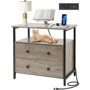 Edbuosy 27 inch Wide Night Stand with Charging Station, Bedside Table with Open Shelf, 2 Drawers Small Wood Dresser, Modern Wood Nightstand for Bedroom/Living Room (Rustic Gray)