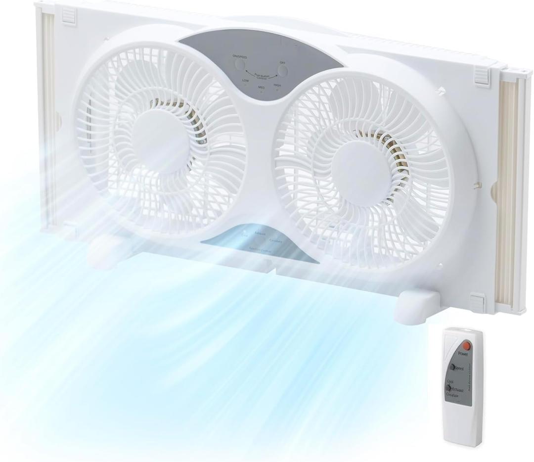 EZ-CHILL 9 Window Fan with Remote Control, 3 Speed Dual Fans with Auto-Locking Expanders, 3 Modes (Cool, Circulate, Exhaust), Fabric Cover, White