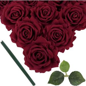 IPOPU Burgundy Velvet Rose 5" Large Roses Artificial Flowers 10pcs Silk Rose Fake Flowers for Wedding Bouquet Baby Shower Centerpieces Arrangements Home Party Tables Decor(Burgundy)