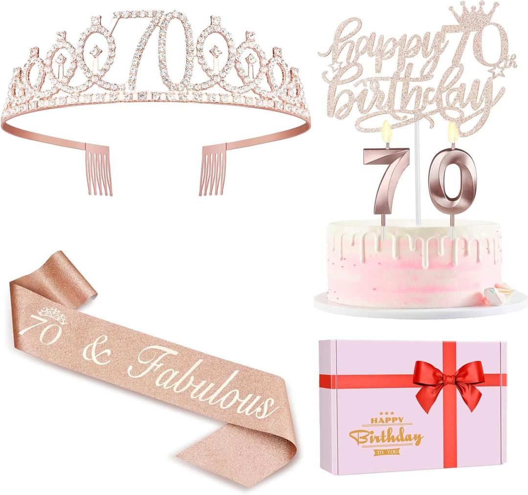70th Birthday Decorations for Women, Including Sash, Crown/Tiara, Candles, Cake Topper, 70th Birthday Gifts for Women