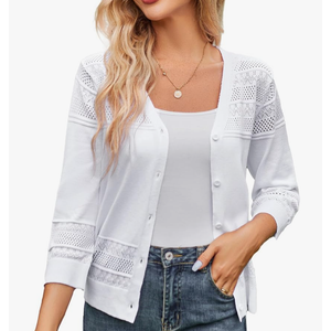 Women's 2025 Cropped Cardigan 3/4 Sleeve Lightweight Crochet Shrug Hollowed-Out Knit Sweater Tops Size S