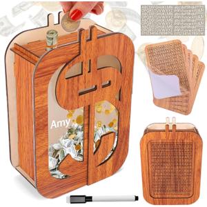 BUSOHA Piggy Bank for Adults Kids - Wooden Personalized Vault Saving Box,2024 New Cash Saver Money Box,Money Bank Birthday Gift for Boys Girls, with Money Target and Alphabet Sticker (Log Color)