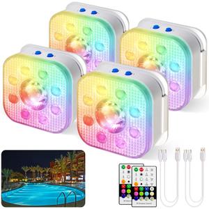 HL Pool Lights,Rechargeable Submersible LED Lights with Remote,Waterproof Magnetic Floating Light,Underwater Battery Spotlight for Above Ground/Inground Swimming Pools,Hot Tubs,Fountains-4 Pack