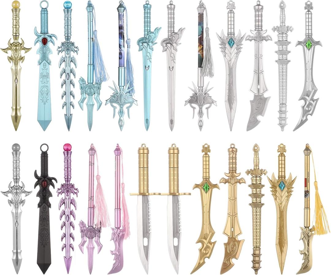 Ancient Sword Pens, 24 Pcs Cool Sword Shaped Gel Ink Pens in 12 Styles, Novelty Plastic Sword Pens Gifts for Christmas, Birthday