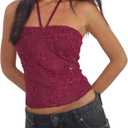 Womens Halter Tank Top Sexy Sleeveless Sequin Floral Print Back Tie Up Slim Fitted Backless Crop Vest (Small, Claret)