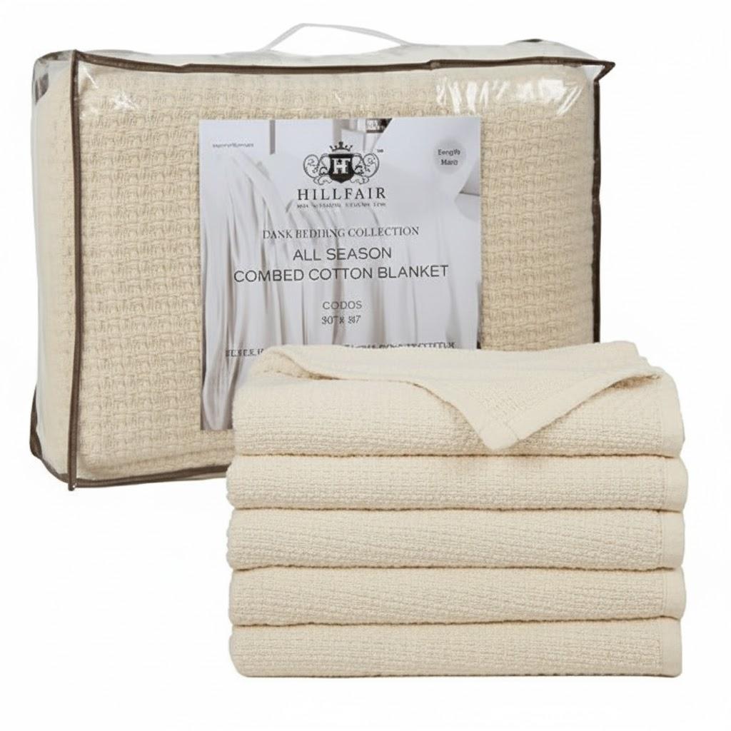 HILLFAIR 100% Cotton Blanket- 120" x 120" XXL Oversized King Bed Blankets - Family Size 10 ft x 10 ft Big - All Season Soft Cozy Breathable Blankets for Bed - Extra Large King Cotton Blanket- Beige