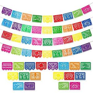 4 Packs Mexican Party Banner 60 Feet Fiesta Plastic Papel Picado Banner Cinco de Mayo Dia De Los Muertos Decor Day of the Dead Decorations Mexican Fiesta Themed Party Decorations Supplies