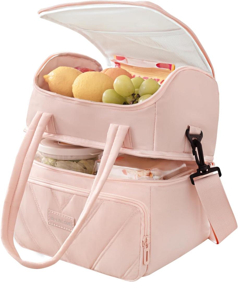 Lunch Bag for Women Double Deck 12L,Lunch Box with Straps Insulated,Leakproof Lunch Cooler with Pochets,Puffer Lunch Tote for Meal Work Picnic Beach Travel,Pink