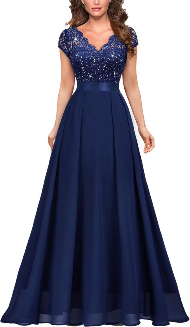 Miusol Women's Elegant V-Neck Cap Sleeve Sequined Floral Lace Formal Party Maxi Dress (Large)