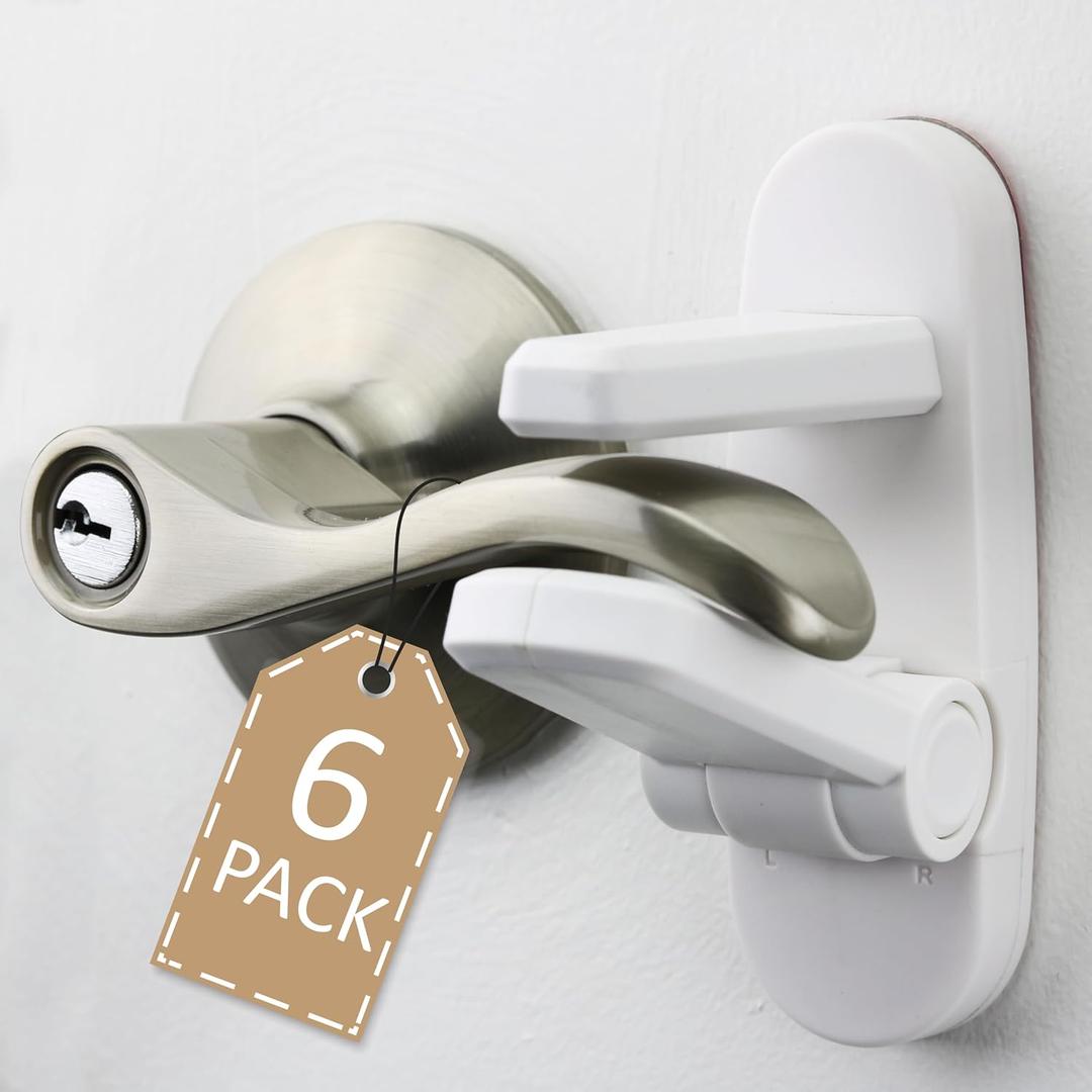 Door Lever Lock (6 Pack) Prevents Toddlers from Opening Doors. 3.25" L * 1.5" W * 4.5" H Easy One Hand Operation for Adults. Durable ABS with 3M Adhesive Backing. Simple Install, No Tools Needed.