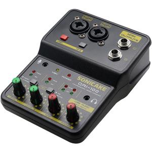 SONICAKE Audio Mixer, Portable USB Mini Sound Board Console, 2 Channel with Sound Card, 48V Phantom Power Compact DJ Mixers for PC & Music Recording, Live Streaming, Podcasting, KTV, Karaoke