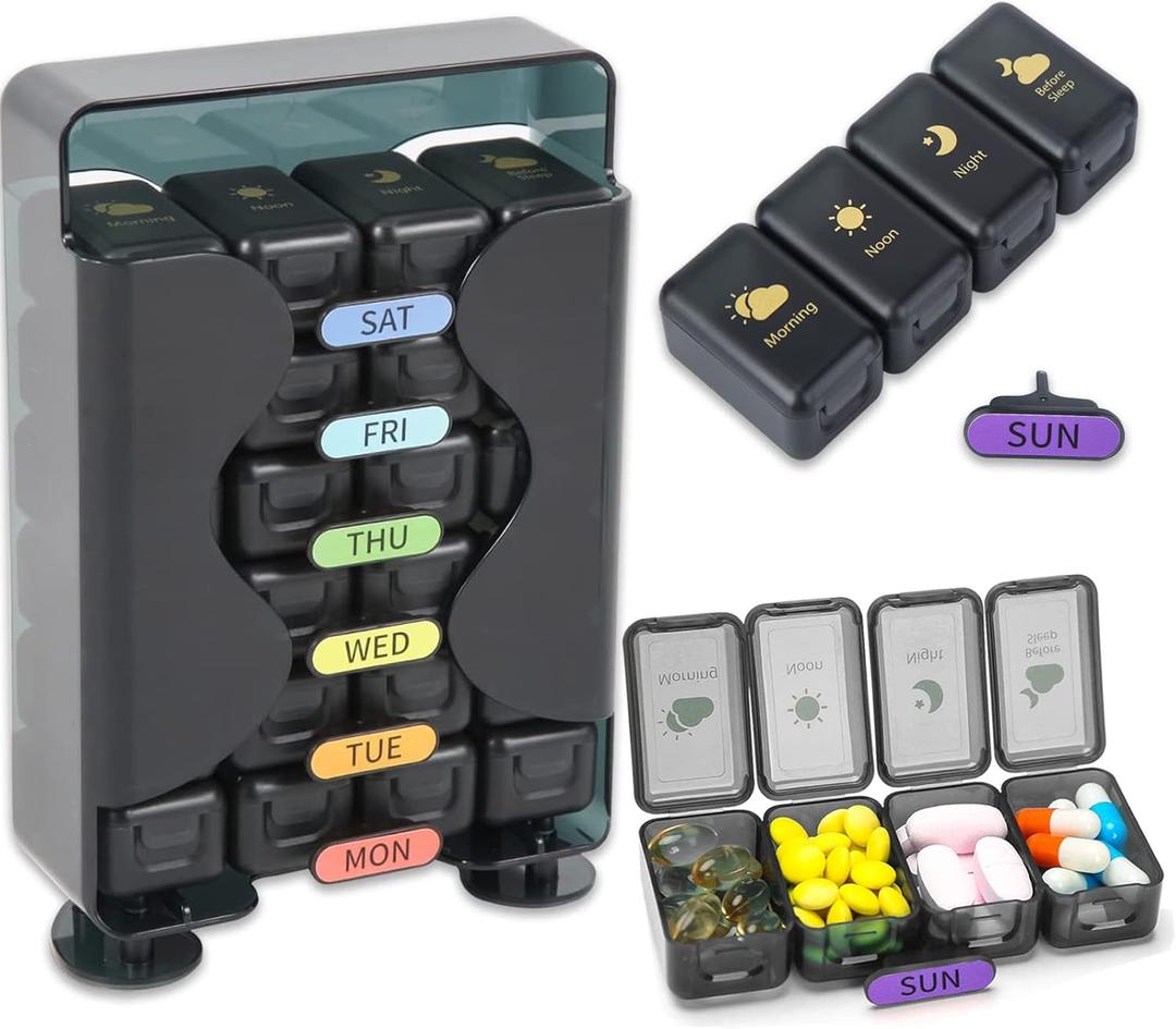 Weekly Pill Organizer 7 Day 4 Times a Day Large Pill Box Organizer with Drawer Designed Daily Pill Organizer to Hold Medicine, Medication, Vitamins and Fish Oils (Black)