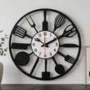 16 Inch Black Metal Kitchen Wall Clock, Modern Creative Cutlery Fork and Spoon Decor Clock, Silent Non-Ticking, Battery Operated, for Kitchen and Dining Room Wall Decor,Ideal Housewarming Gift