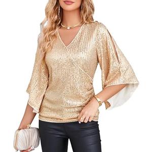 GRACE KARIN Womens Sparkly Sequin Tops,3/4 Sleeve Glitter Party Dressy Blouse,V-Neck Disco Evening Club Concert Shirt XL