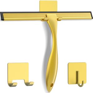 All-Purpose Stainless Steel Shower Squeegee for Shower Doors with 2 Adhesive Hooks, Bathroom Cleaner Tool Household Window Mirror Squeegee for Home Cleaning, Glass Door, Tile Wall, Car, 10 Inch Golden