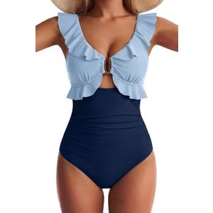 Women One Piece Swimsuit Tummy Control Ruffle Bathing Suit Cutout V Neck Swim Suit Ruched Slimming Swimwear M