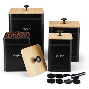 PERFNIQUE Kitchen Canisters, Airtight Canister Sets for Kitchen Counter, Kitchen Canisters for Countertop Set of 4, Coffee Tea Sugar Flour Spice Tin Jars Food Storage Container with Lid(Black)
