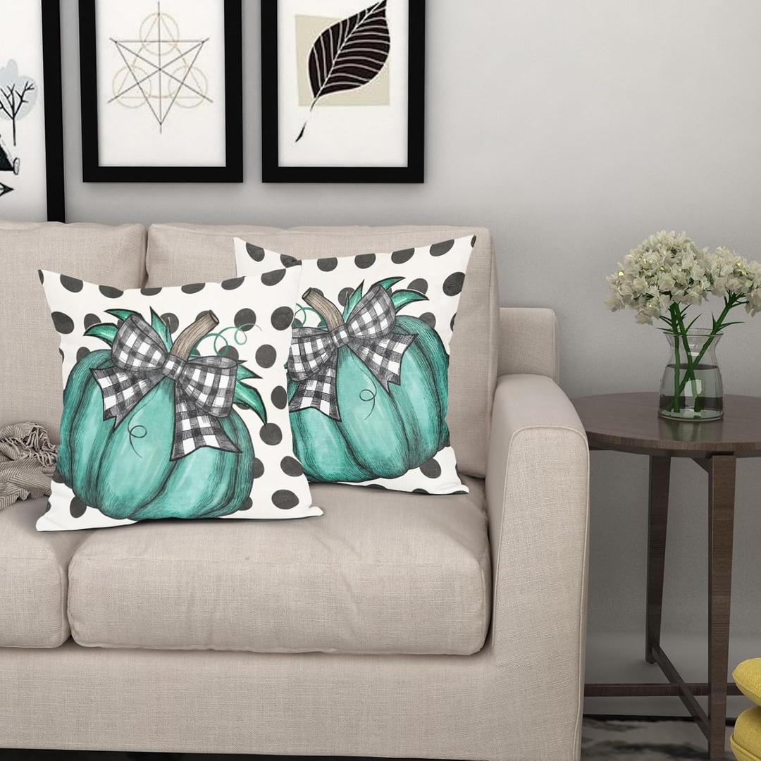 Fall Throw Pillow Covers 18x18 Inch Set of 2 Teal Pumpkin Decorative Outdoor Pillow Covers Autumn Harvest Thanksgiving Pillowcases Cotton Linen Cushion Covers for Couch Bed Home Decor