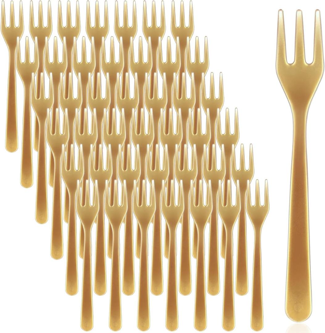 Skylety 500 Pcs Plastic Mini Forks 3.7 x 0.6 Inch Tiny Small Disposable Appetizer Cocktail Tasting Forks Utensils for Fruit Dessert Cakes Serving Supply(Gold)