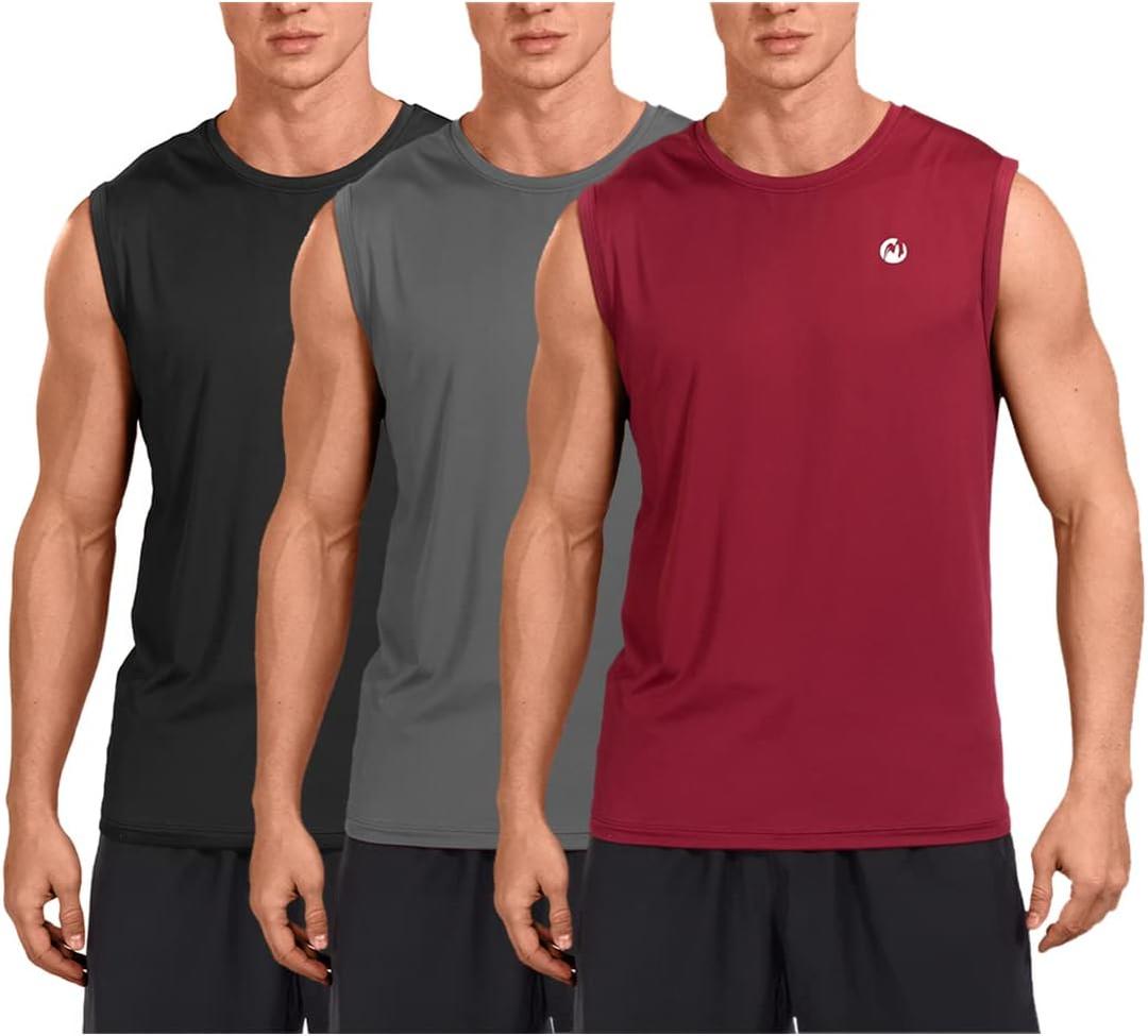 M MOTEEPI Mens Sleeveless Muscle Shirts Workout Athletic Gym Tank Tops Quick Dry (Large, 3 Pack- Black/ Grey/ Red)