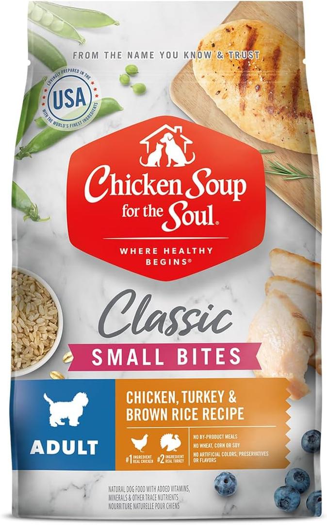 Chicken Soup for The Soul All Natural Premium Small Bites Adult Dry Dog Food, Real Meat First Ingredient, No by-Products, Supports Gut & Immune Health, Chicken, Turkey & Brown Rice, 13.5 Lb, BB Date 02/04/2026