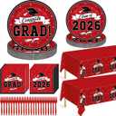 QZYL 122 Pcs Graduation Decorations 2026 Set, Disposable Class of 2026 Graduation Dinnerware, Red Grad Plates and Napkins Forks Tablecloth Congrats Grad Paper Dinnerware Serve 30 Party Decorations