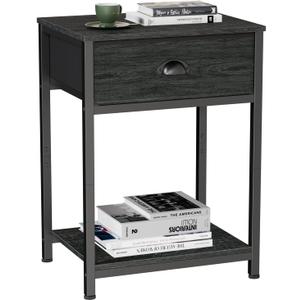 Furologee Nightstand with Fabric Drawer & Storage Shelf, Small Bedside Table Organizer for Small Space, 2 Tiers Industrial End Table, Side Table for Living Room, Bedroom, Black Oak (1)
