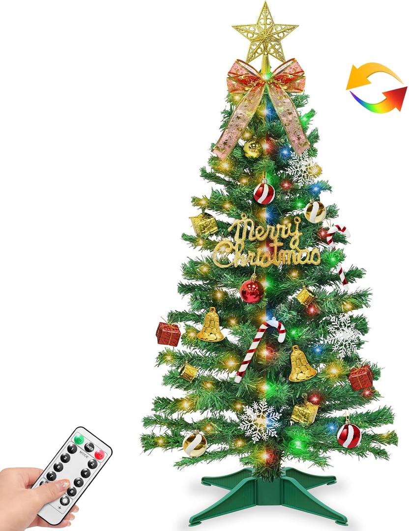 3 Ft Small Christmas Tree with Lights,50 Warm White & Colored Change LED Lights,Remote Control,8 Lighting Modes & Timer,Mini Xmas Tree with 3D Star & 44 Ornaments for Indoor Table Holiday Party Decor (Green)