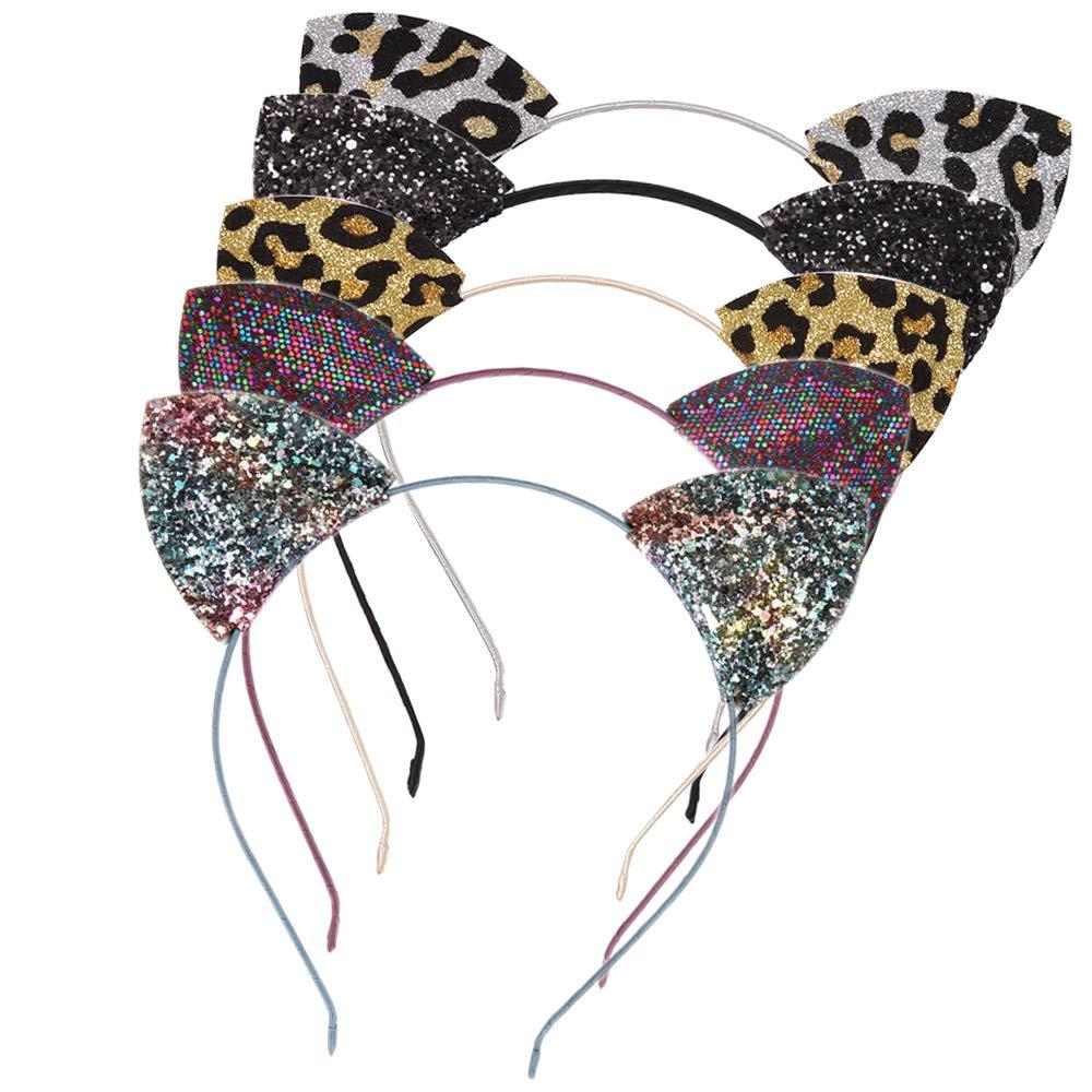 Halloween Leopard Sequin Cat Ears Headband,Glitter/Leopard Print Cat Ears, cheetah ears Headbands Party Decoration for Girls and Women,Assorted Colors,One Size,Pack of 5(Multicolor)