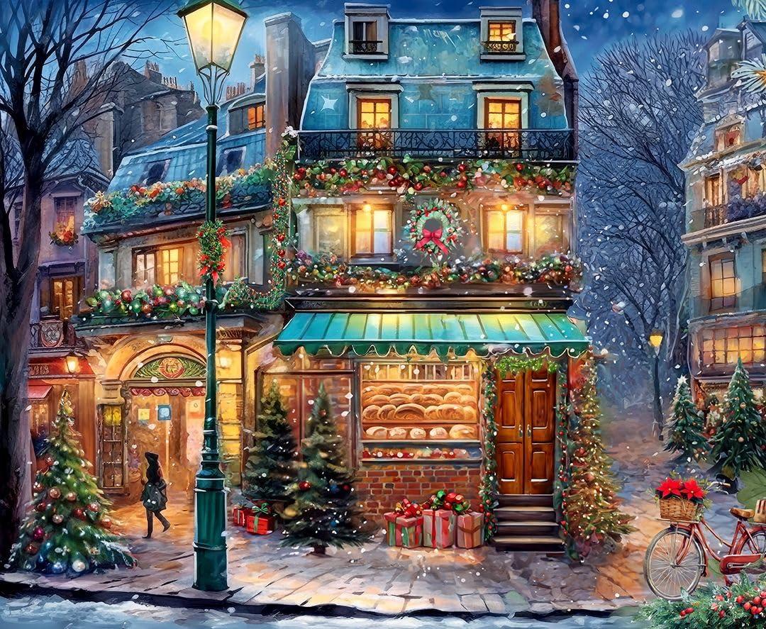 Springbok's Winter Wonderland Cafe 500 Piece Jigsaw Puzzle is a Picturesque Holiday Scene of a Cosy Cafe in The City
