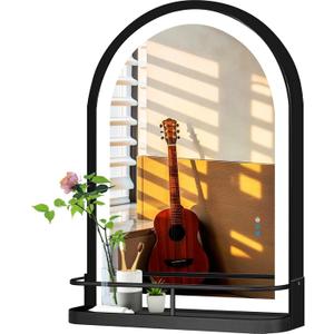 THEKLA 24 x 36 Inch Black Arched Light Vanity Mirror with Shelf Storage Arch LED Wall Mirror with Shelf Light 3 Color Dimmable Anti Fog Smart 36" Black Arched LED Bathroom Mirror with Shelf and Lights