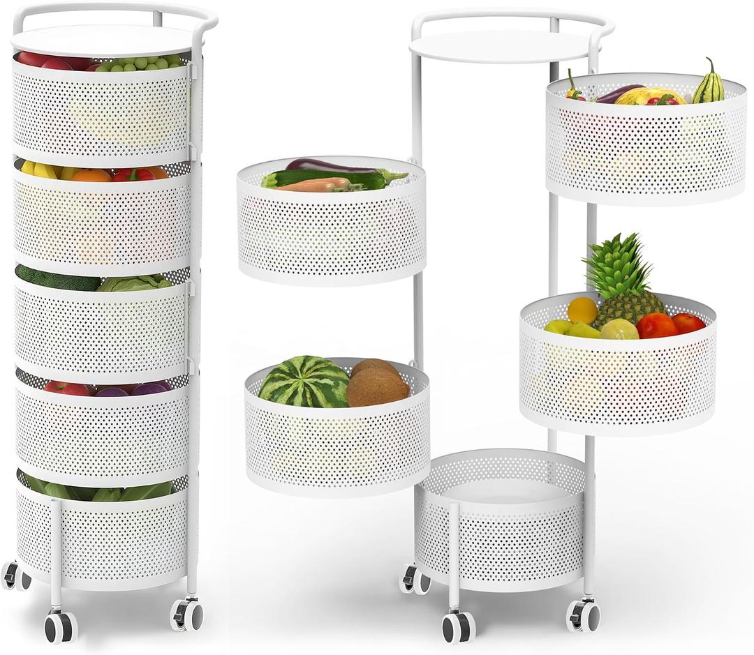 JAQ No Assembly 5-Tier Kitchen Storage Cart with Wheels, Rotating Produce Organizer for Onion, Potato & Vegetable Storage, Large Capacity Pantry Rack, White, 13.5 inches