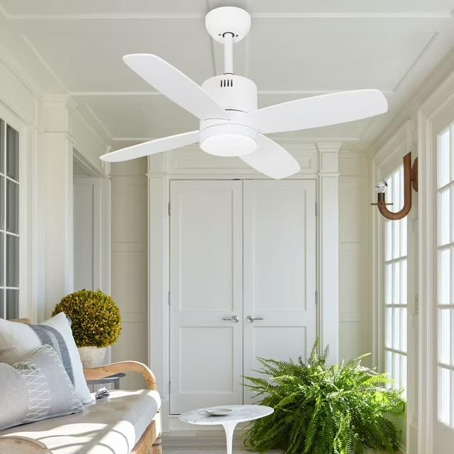 Ohniyou 38" Modern Ceiling Fans with Light and Remote Small Dimmable 6-Speed Outdoor Ceiling Fan with Downrod for Covered Patio Porch, White