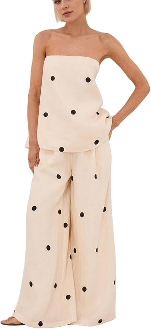 Women Polka Dot 2 Piece Outfits Spot Strapless Tube Top High Waist Wide Leg Pants Summer Lounge Set Women Polka Dot 2 Piece Outfits Spot Strapless Tube Top High Waist Wide Leg Pants Summer Lounge Set