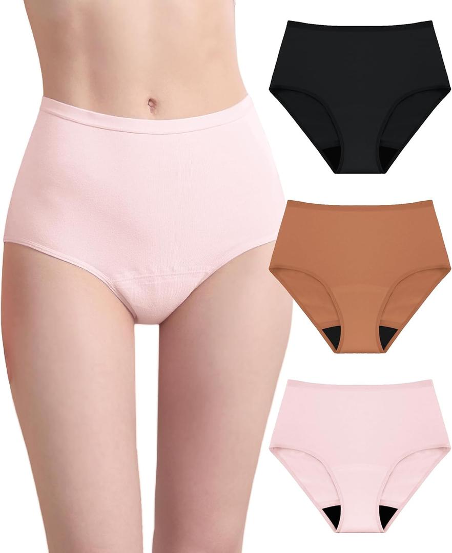 Womens Washable Incontinence Underwear Bladder Leak Proof Odor Control Briefs 56 ml Absorbency Panties 3 Pack (Black-Brown-Pink, L) (Large)