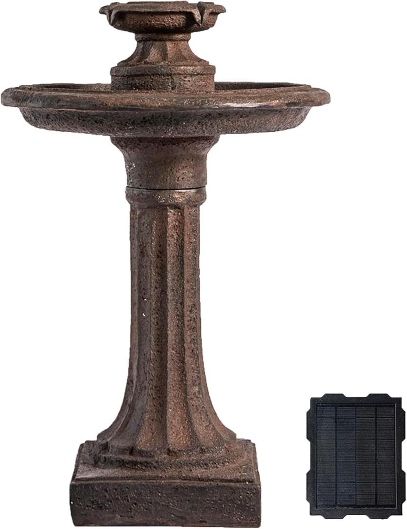 XBrand 28" Solar Powered 1-Tier Outdoor Bird Bath Water Fountain, Resin Fountain with Solar Panel Pump, Brown